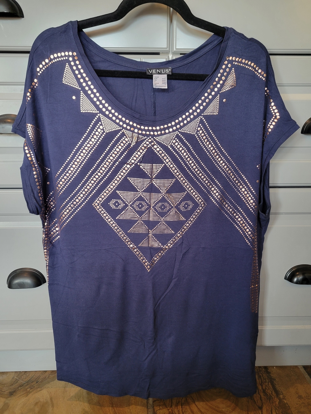 VENUS Navy Short Sleeve Top with Rose Gold Stud Geometric Design